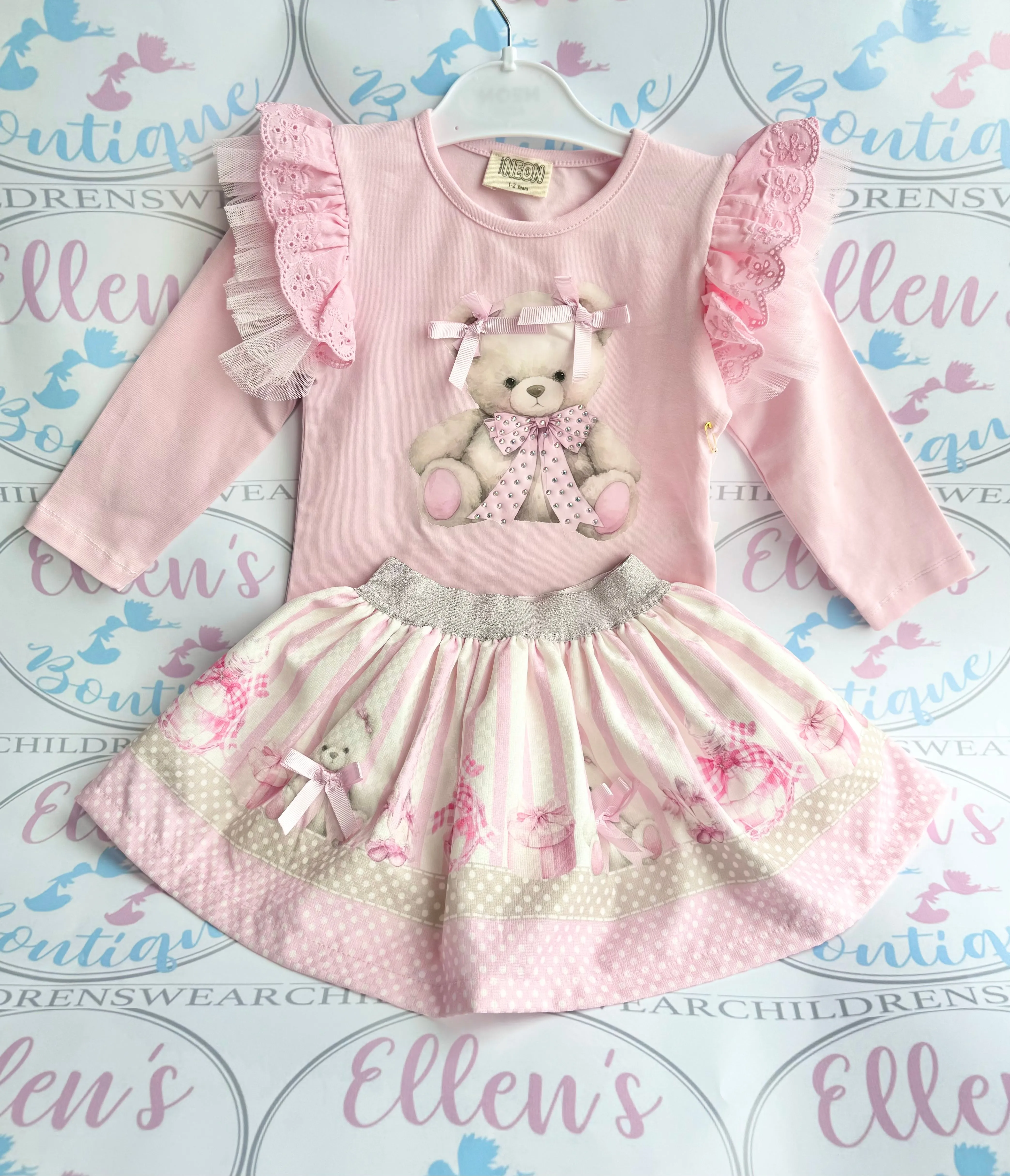 Pink Teddy Stripes Skirt Set