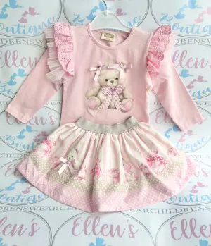 Pink Teddy Stripes Skirt Set