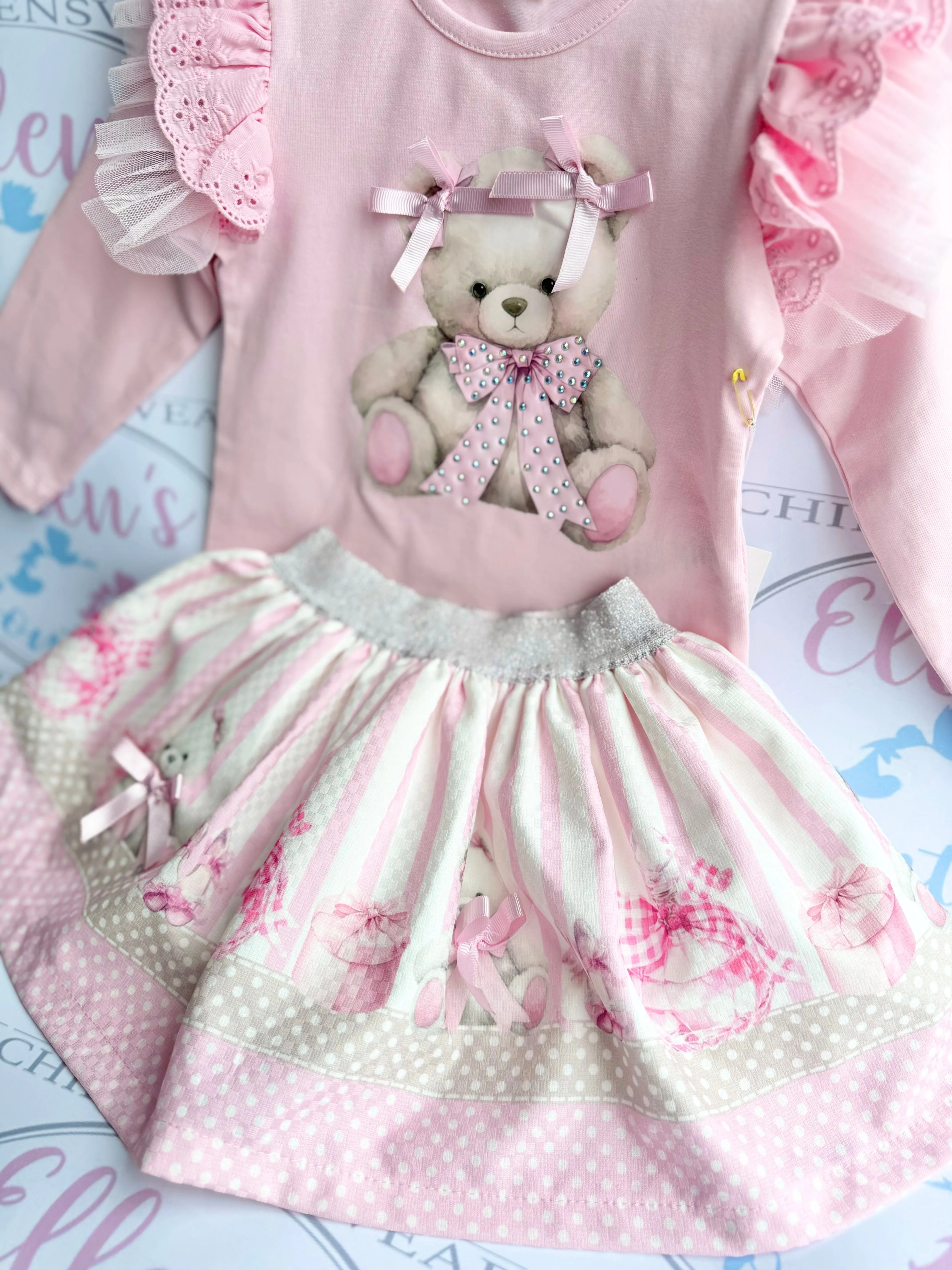 Pink Teddy Stripes Skirt Set