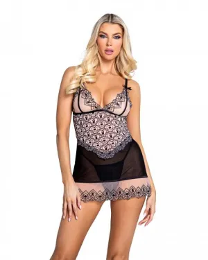 Playboy Bunny Kiss Babydoll and Panty - Black/Nude -