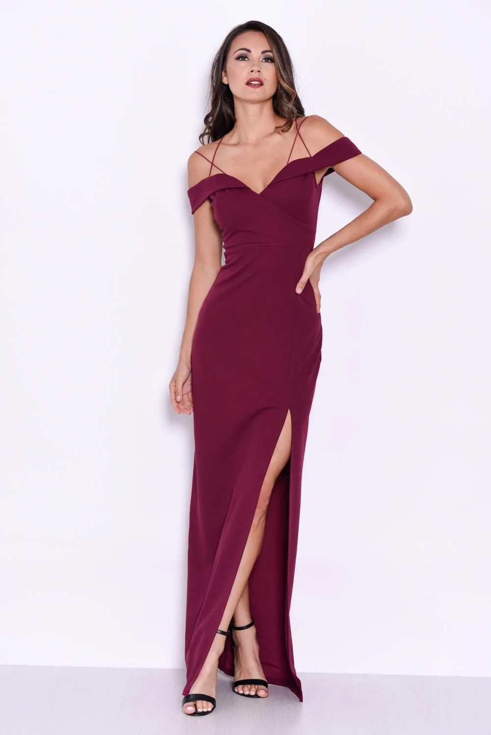 Plum Strappy Off The Shoulder Side Split Maxi Dress