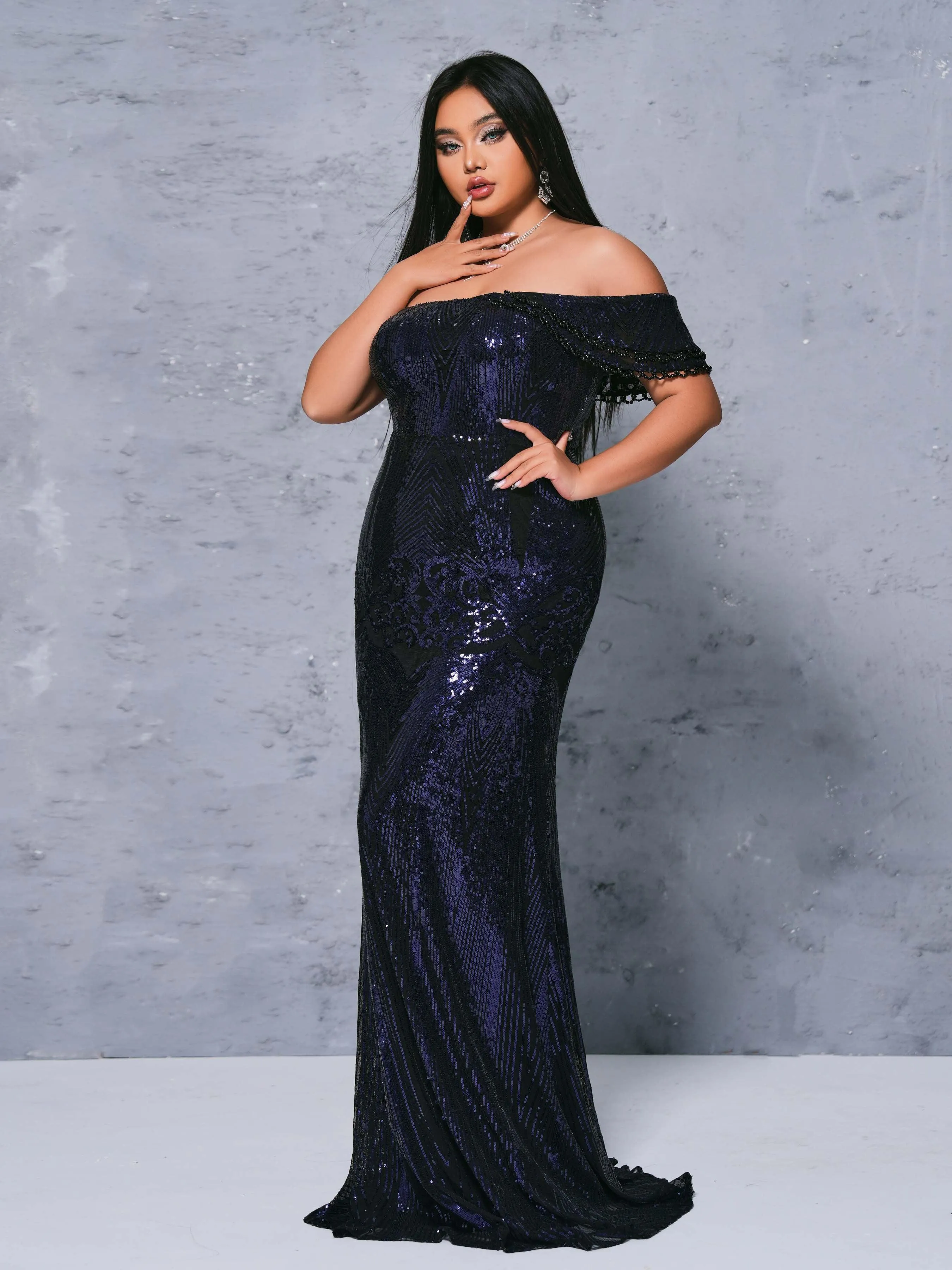 Plus Cutout One Shoulder Mermaid Sequin Dress PRX70073