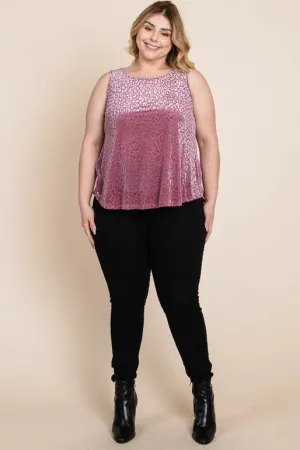 Plus Size Animal Print Velvet Mesh Fashion Top-Mauve