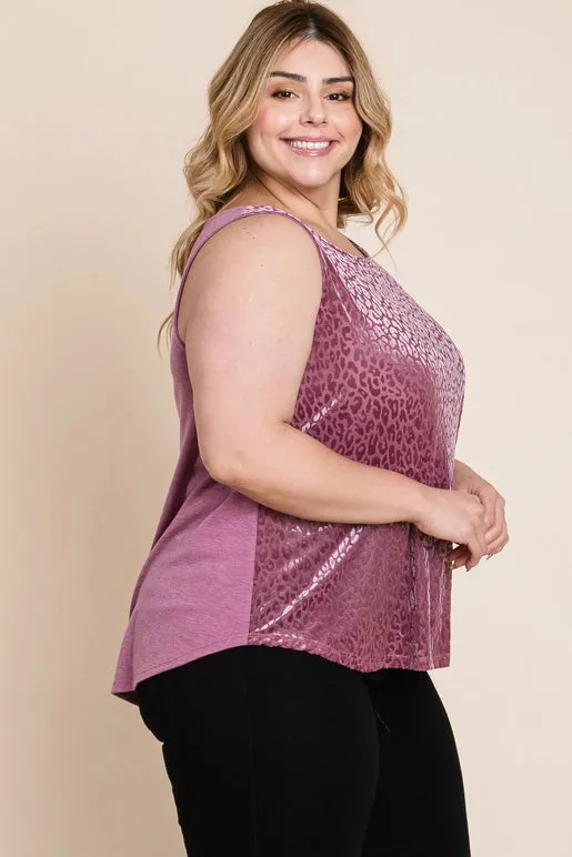 Plus Size Animal Print Velvet Mesh Fashion Top-Mauve