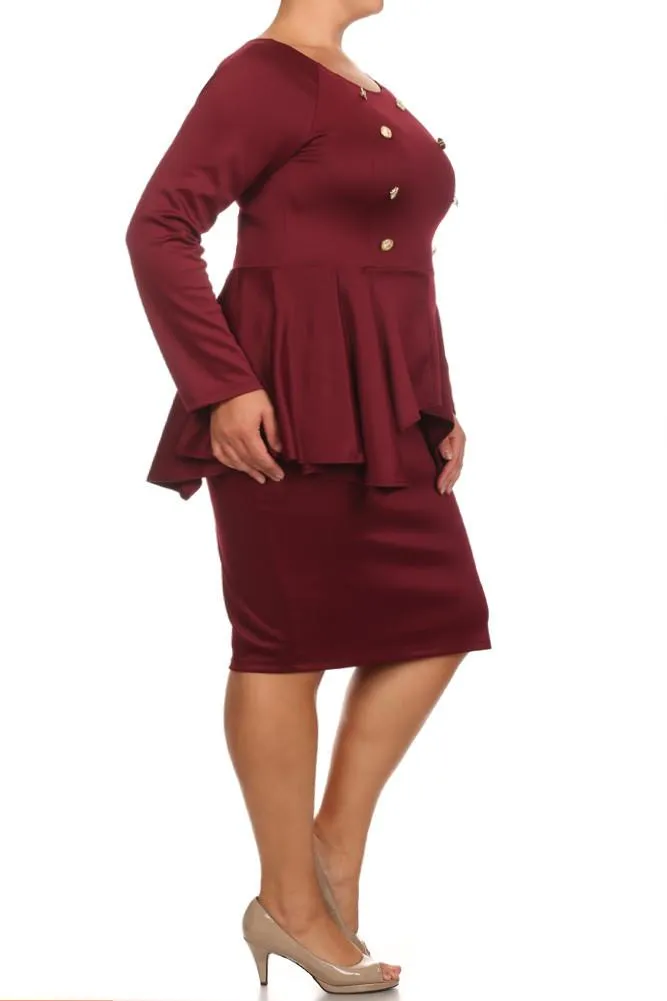 Plus Size Cadet Button Studs Peplum Midi Dress