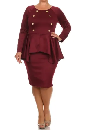 Plus Size Cadet Button Studs Peplum Midi Dress