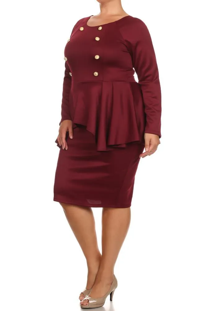 Plus Size Cadet Button Studs Peplum Midi Dress