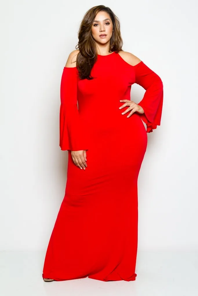Plus Size Cold Shoulder Showstopper Mermaid Bell Sleeve Maxi Dress