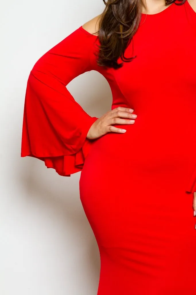 Plus Size Cold Shoulder Showstopper Mermaid Bell Sleeve Maxi Dress