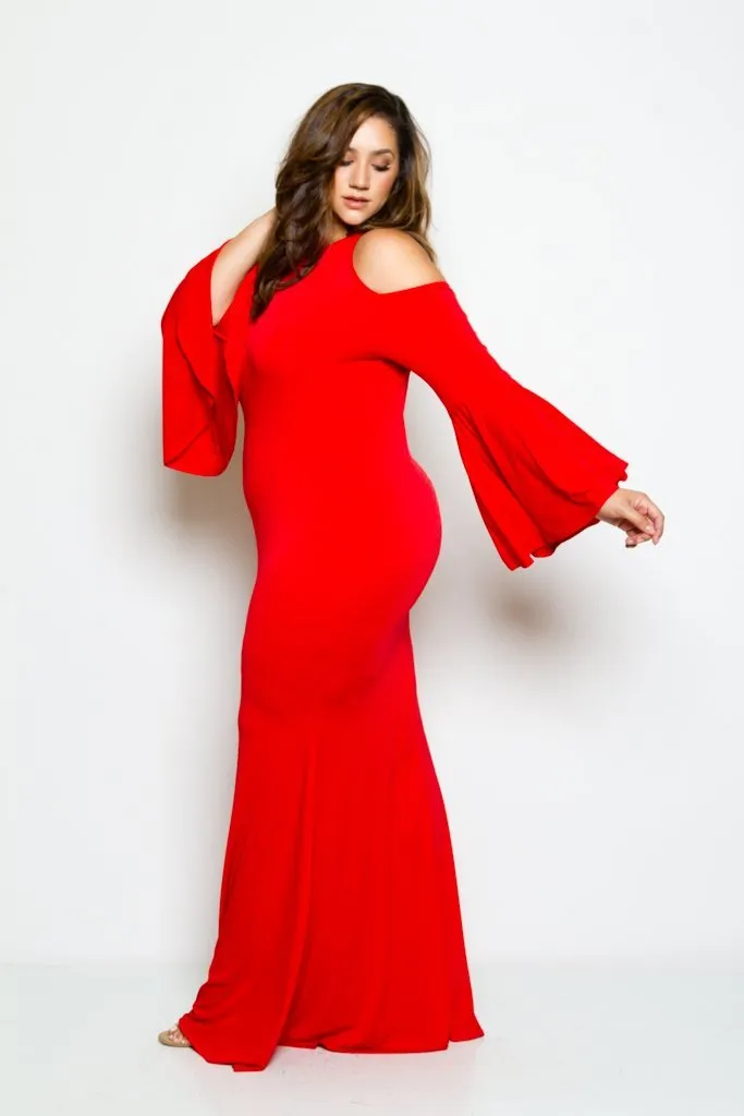 Plus Size Cold Shoulder Showstopper Mermaid Bell Sleeve Maxi Dress
