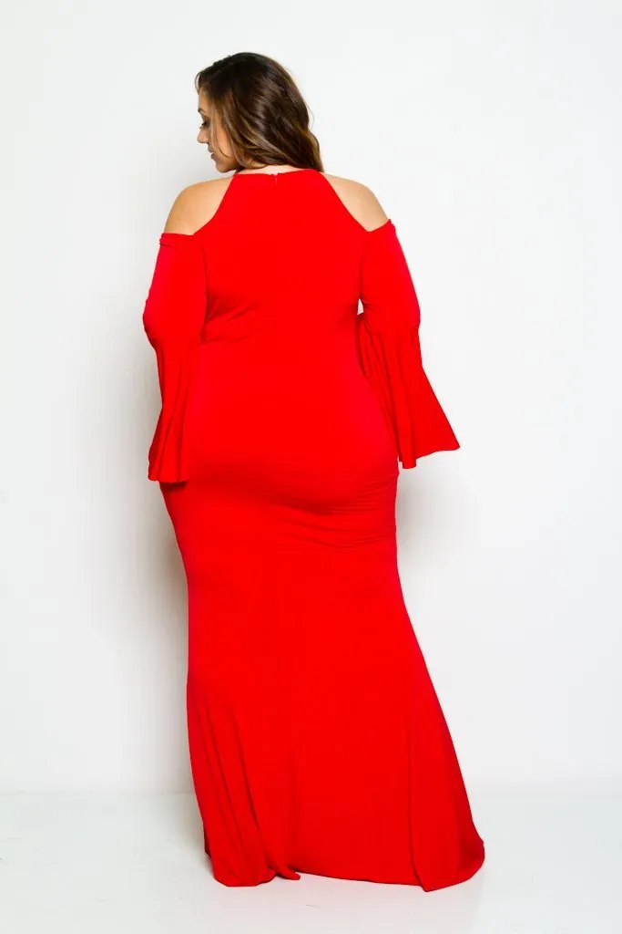 Plus Size Cold Shoulder Showstopper Mermaid Bell Sleeve Maxi Dress