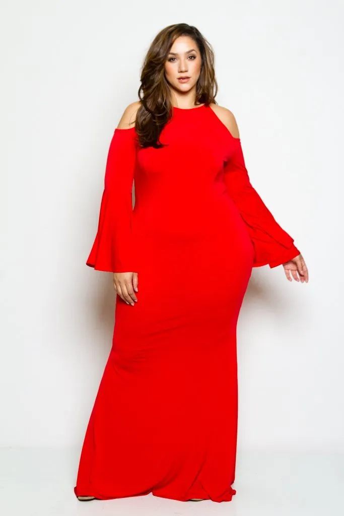Plus Size Cold Shoulder Showstopper Mermaid Bell Sleeve Maxi Dress