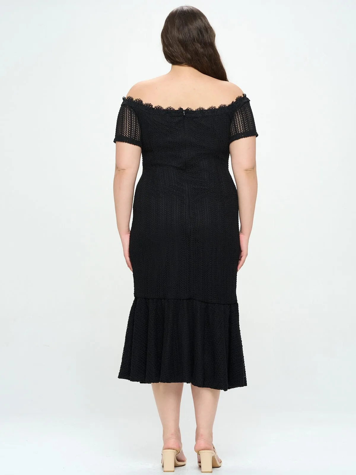 PLUS SIZE OFF SHOULDER BUTTONS FRONT SLIT KNITTED MIDI DRESS