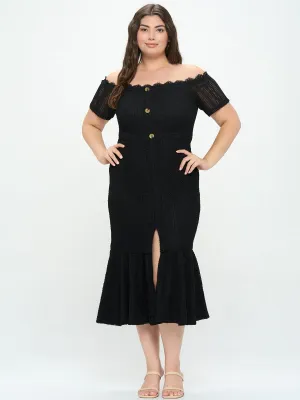 PLUS SIZE OFF SHOULDER BUTTONS FRONT SLIT KNITTED MIDI DRESS