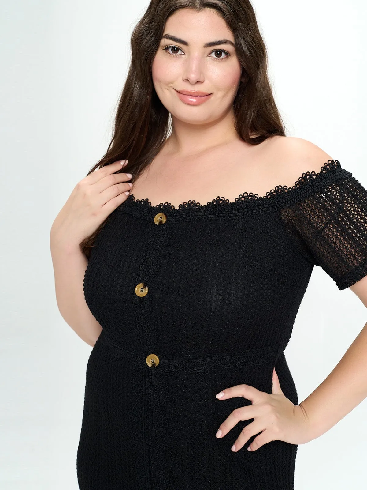 PLUS SIZE OFF SHOULDER BUTTONS FRONT SLIT KNITTED MIDI DRESS