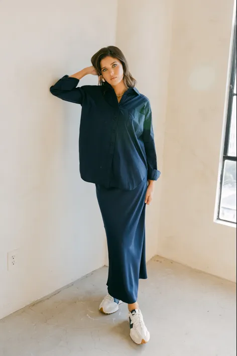 Point Satin Slip Skirt in Midnight