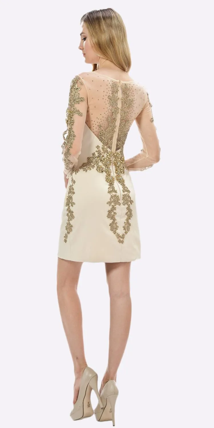 Poly USA 7754 Sheer Embellished Sleeves Short Illusion Dress