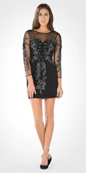 Poly USA 7754 Sheer Embellished Sleeves Short Illusion Dress