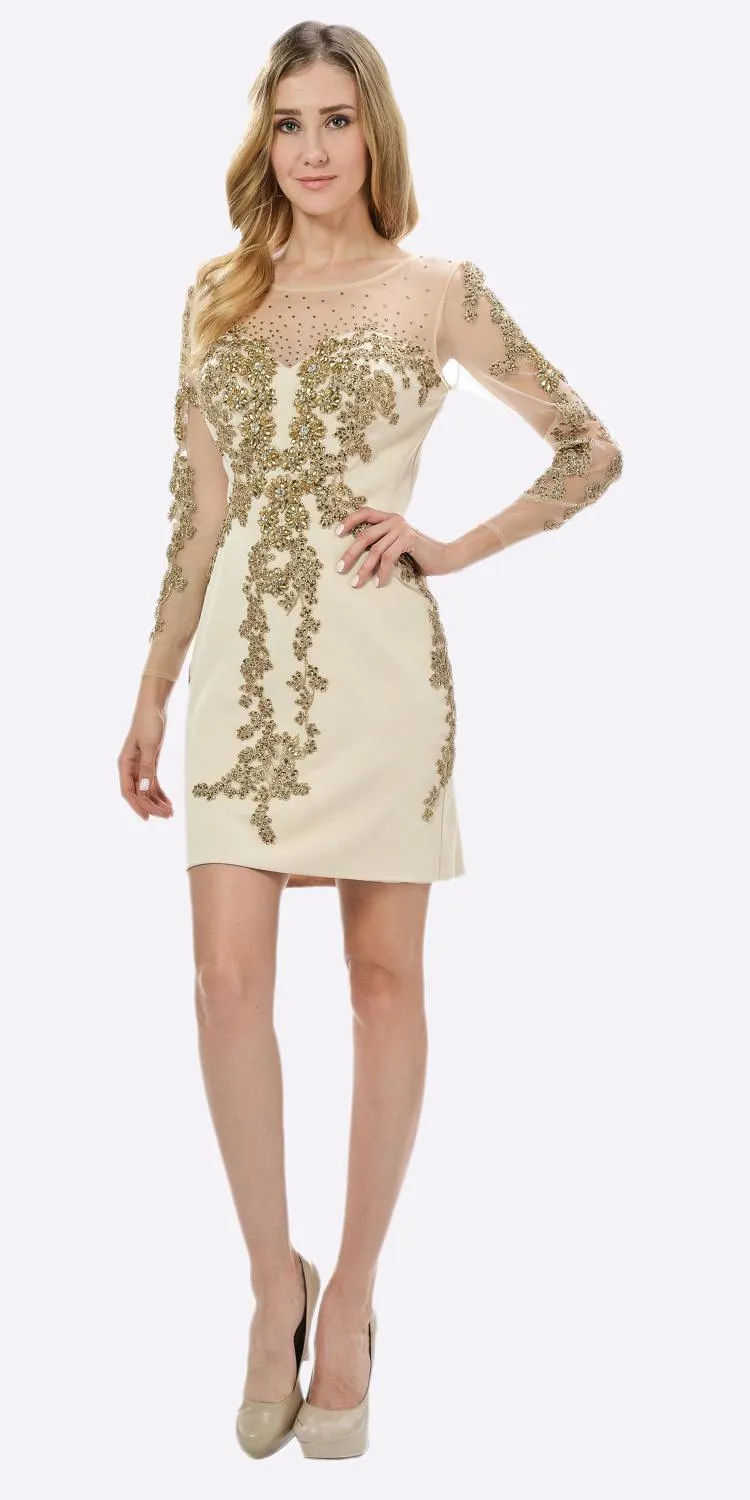 Poly USA 7754 Sheer Embellished Sleeves Short Illusion Dress