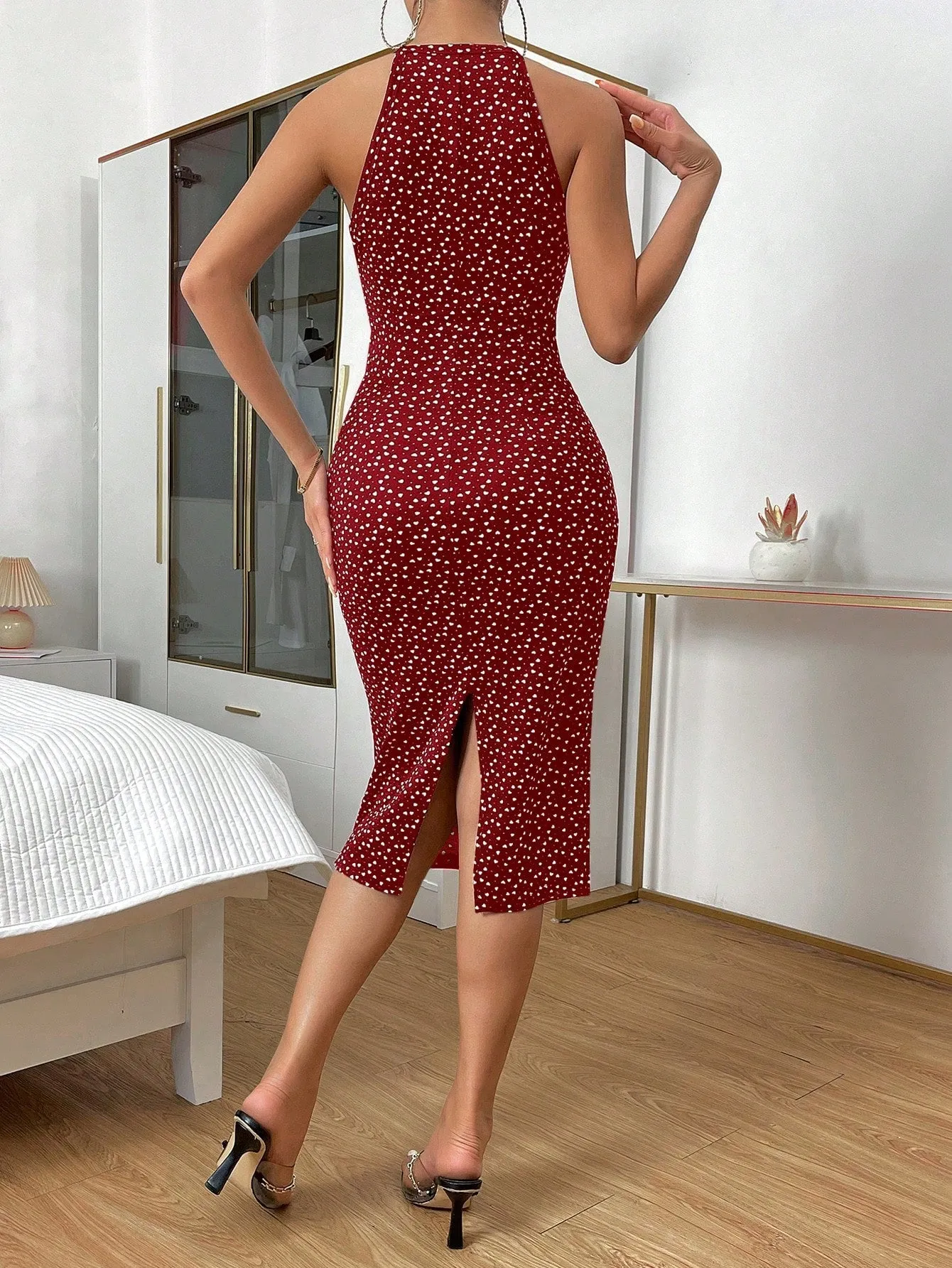 Privé Heart Print Halter Neck Slit Back Dress
