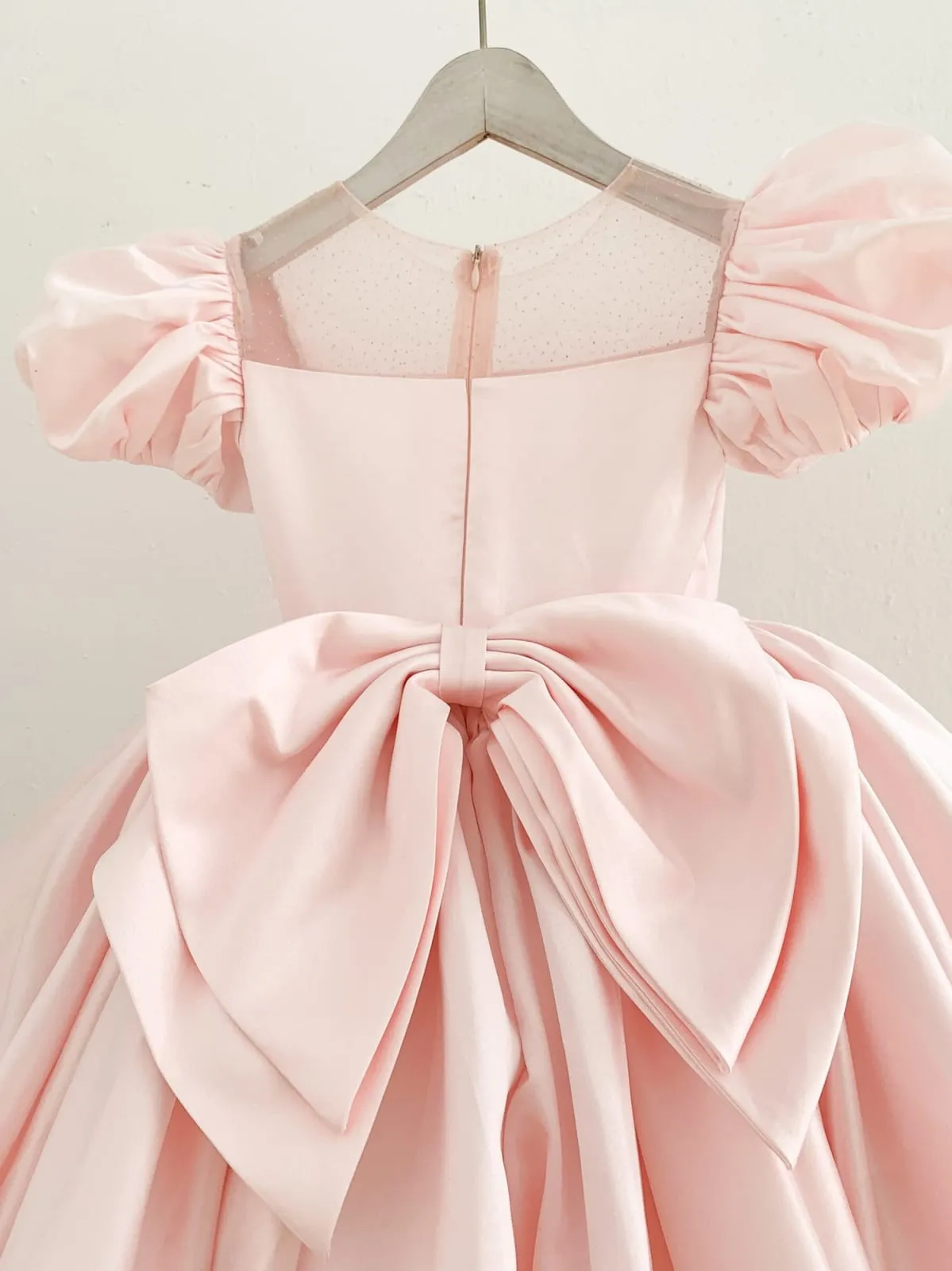Puff Sleeves Pink Satin Glittering Tulle Neck Wedding Flower Girl Dress, Big Bow