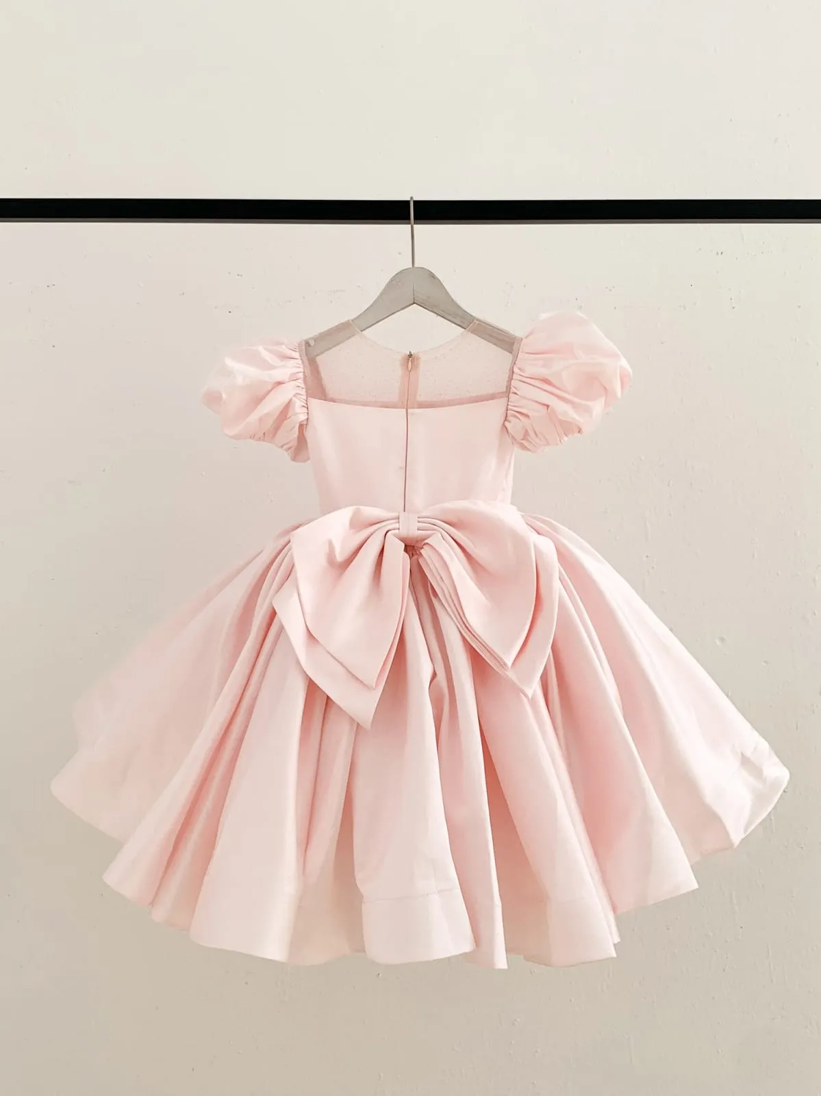 Puff Sleeves Pink Satin Glittering Tulle Neck Wedding Flower Girl Dress, Big Bow
