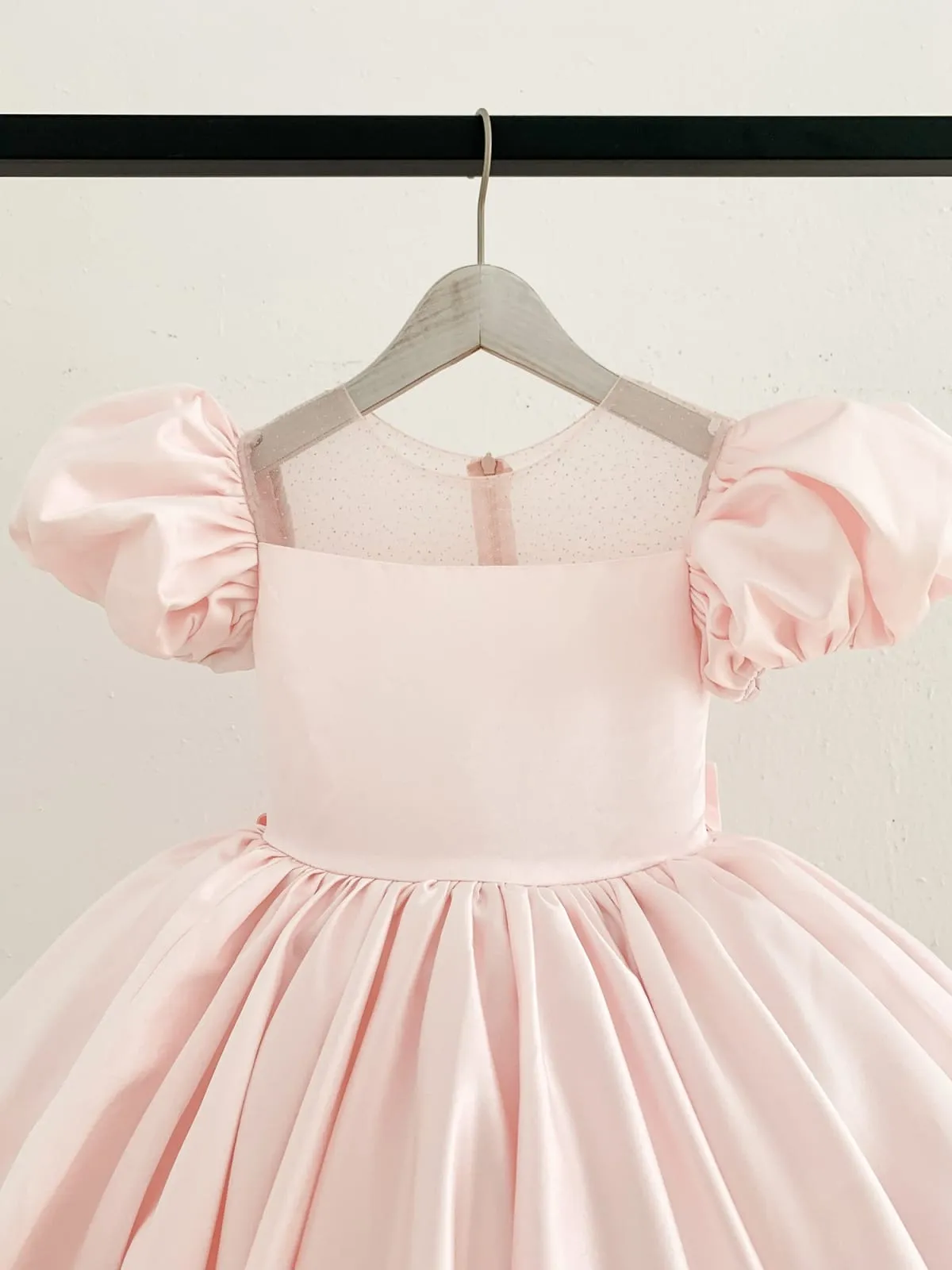 Puff Sleeves Pink Satin Glittering Tulle Neck Wedding Flower Girl Dress, Big Bow