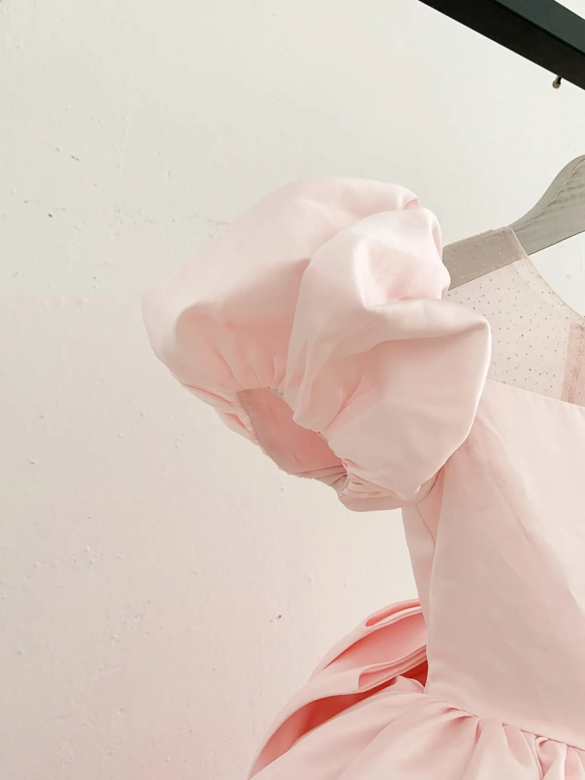 Puff Sleeves Pink Satin Glittering Tulle Neck Wedding Flower Girl Dress, Big Bow