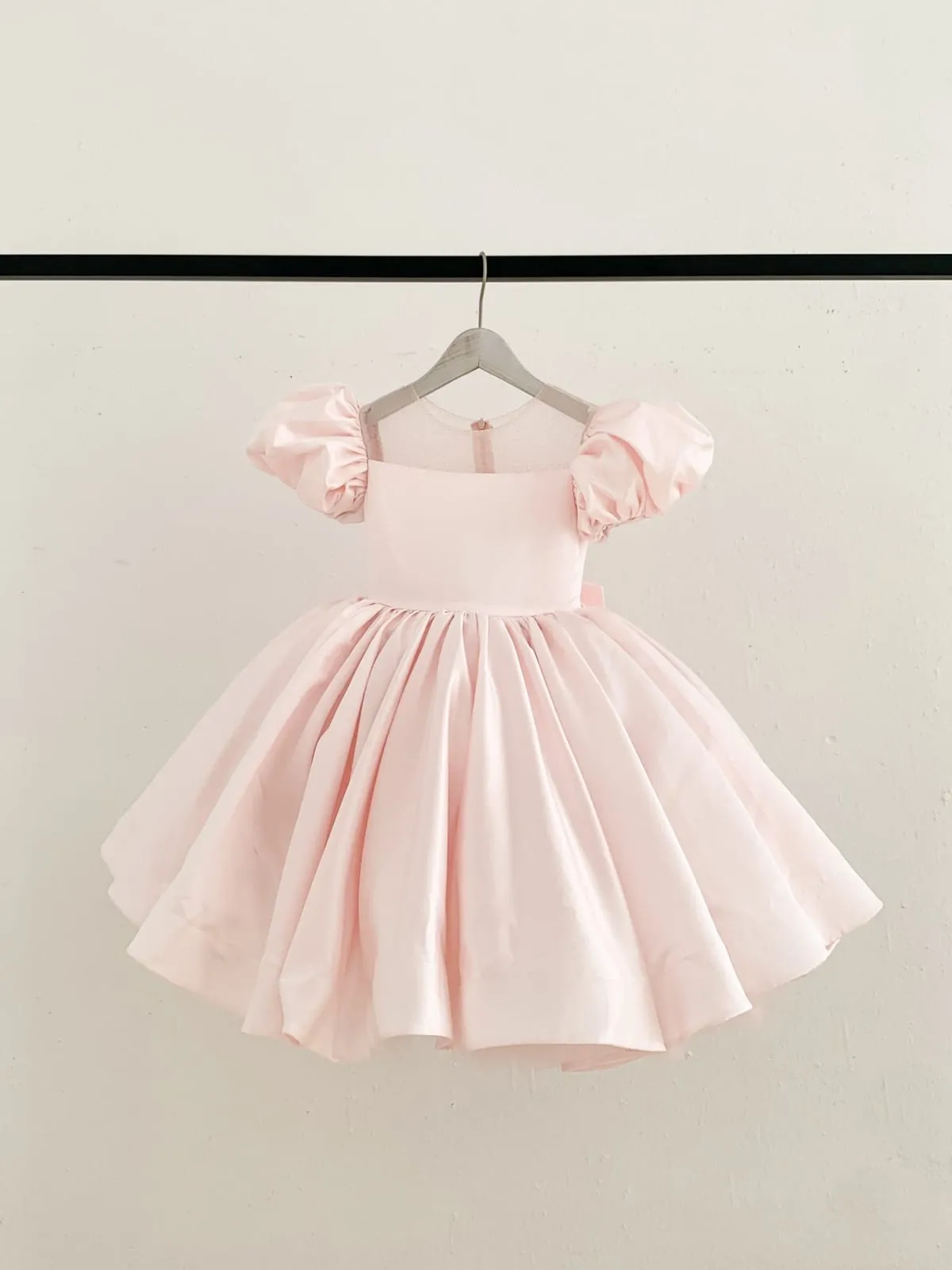 Puff Sleeves Pink Satin Glittering Tulle Neck Wedding Flower Girl Dress, Big Bow
