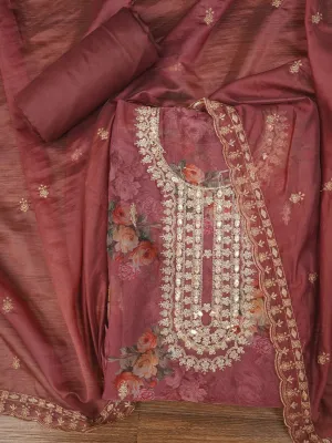 Purple Floral Printed Sequin Embroidered Dress Material with Dupatta