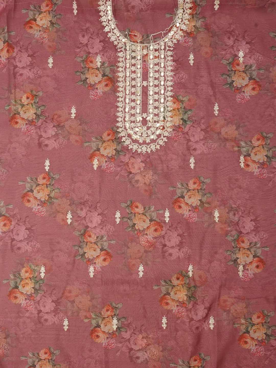 Purple Floral Printed Sequin Embroidered Dress Material with Dupatta