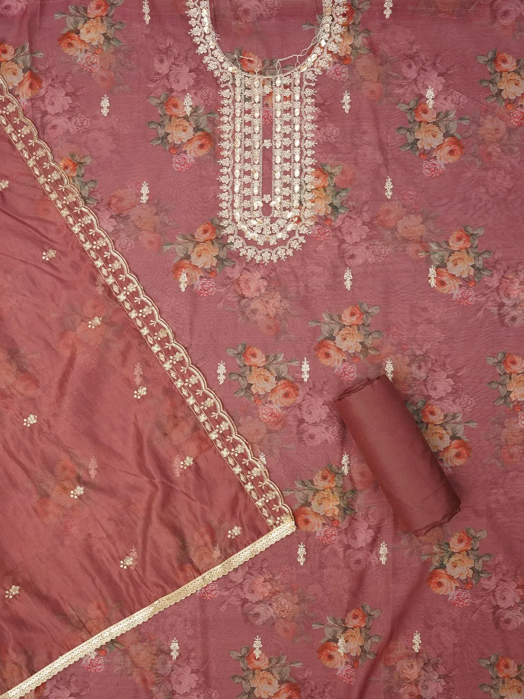 Purple Floral Printed Sequin Embroidered Dress Material with Dupatta