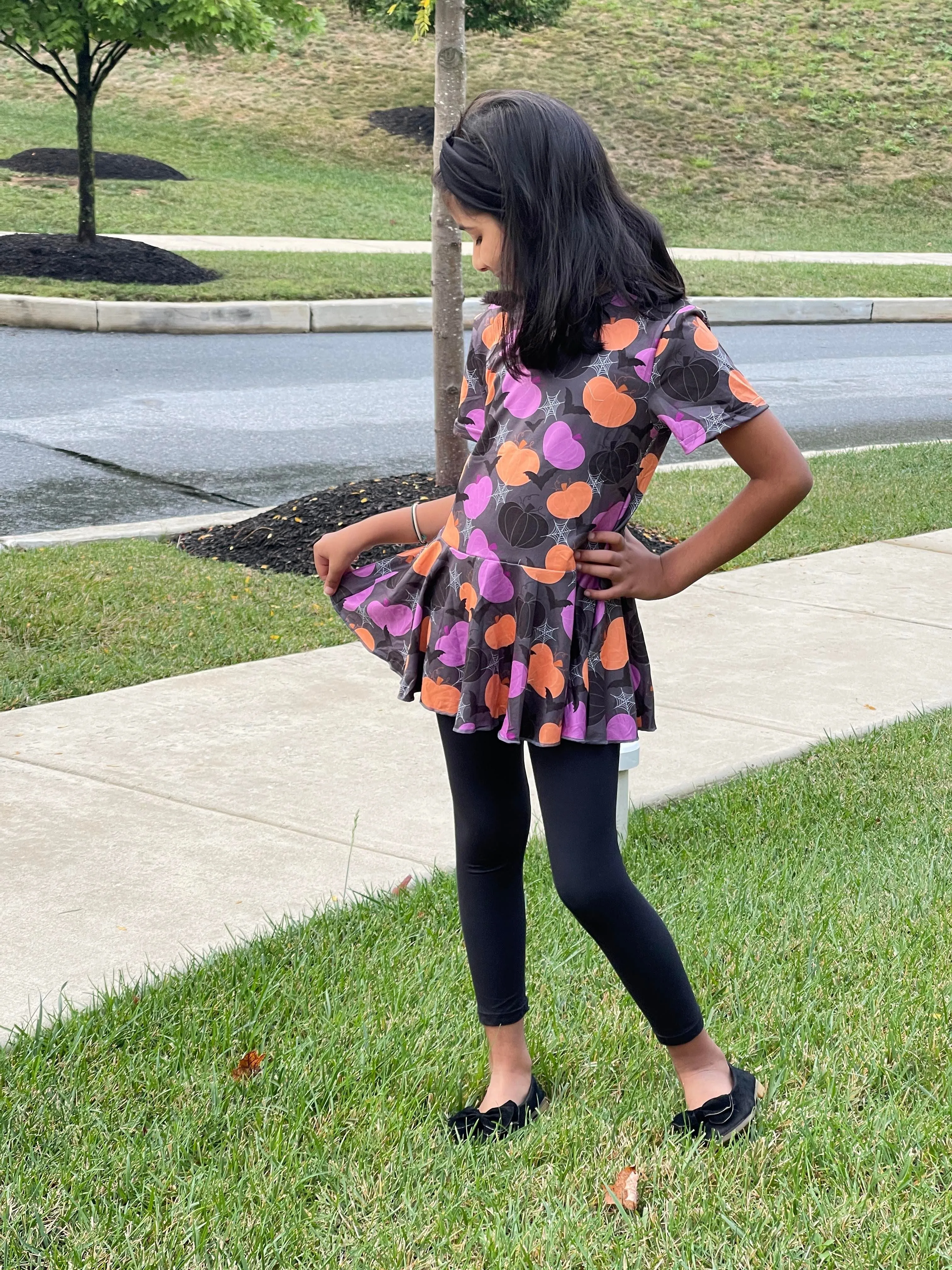 PURPLE PUMPKIN & BATS PEPLUM TOP