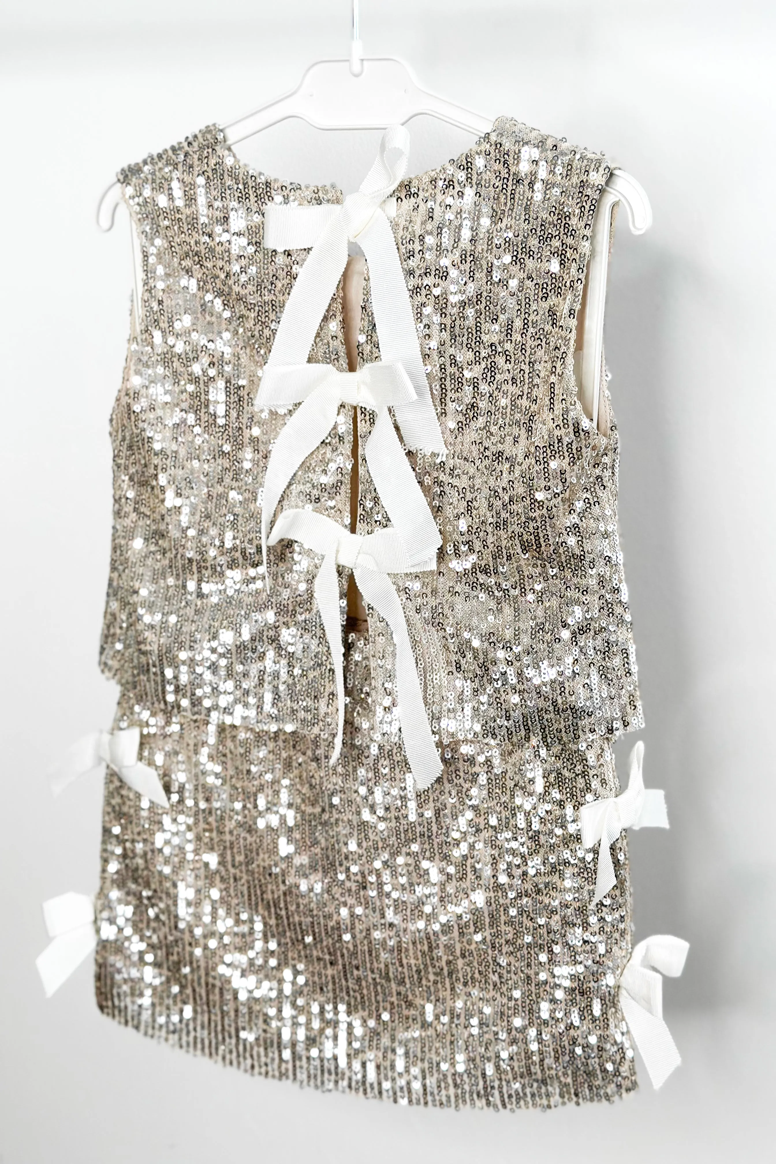 "Hannah" Champagne Sequin Bow Blouse & Skirt