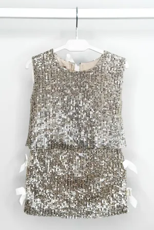 "Hannah" Champagne Sequin Bow Blouse & Skirt
