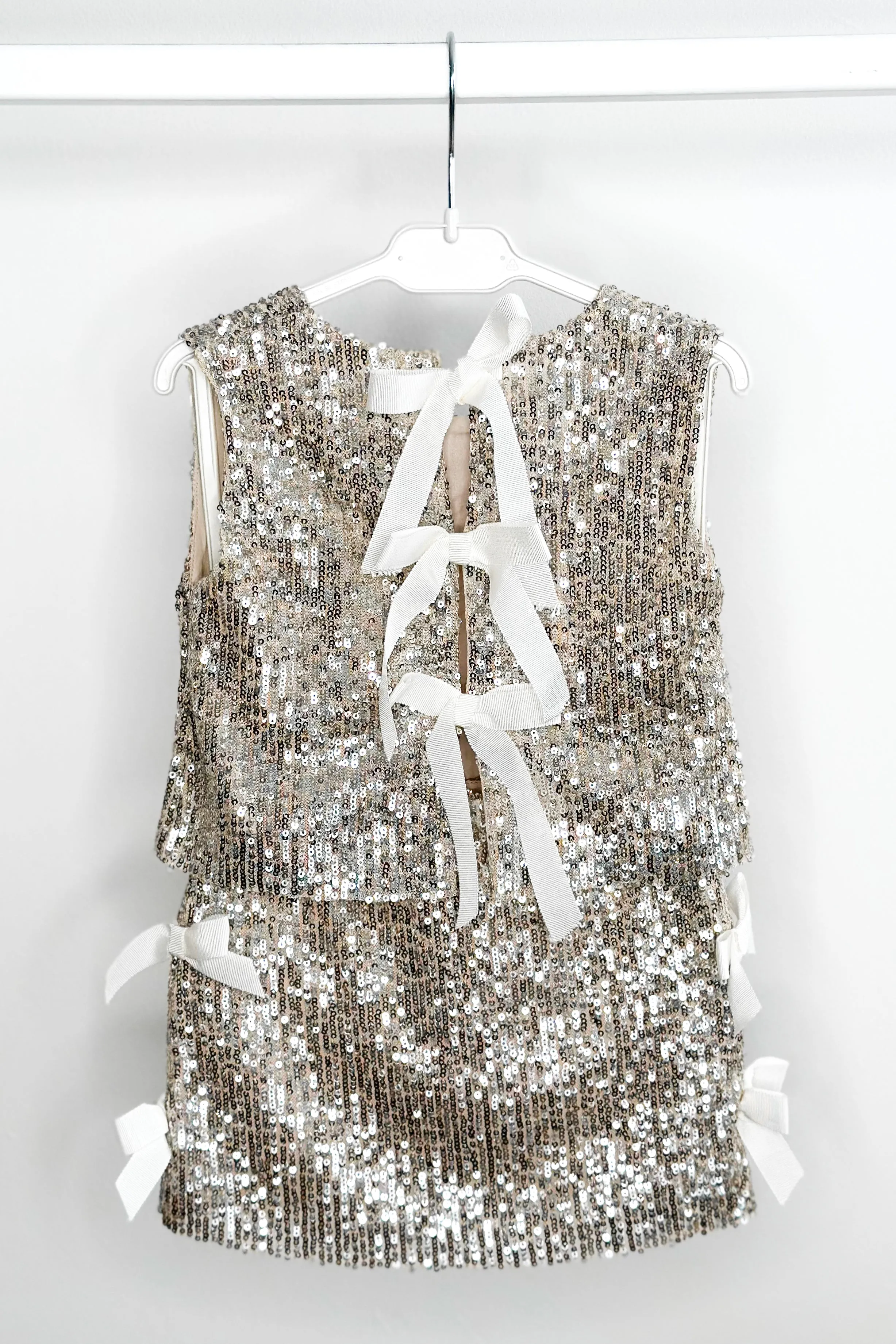 "Hannah" Champagne Sequin Bow Blouse & Skirt