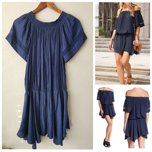 Ramy Brook Jessica Navy Off Shoulder Mini Dress SMALL