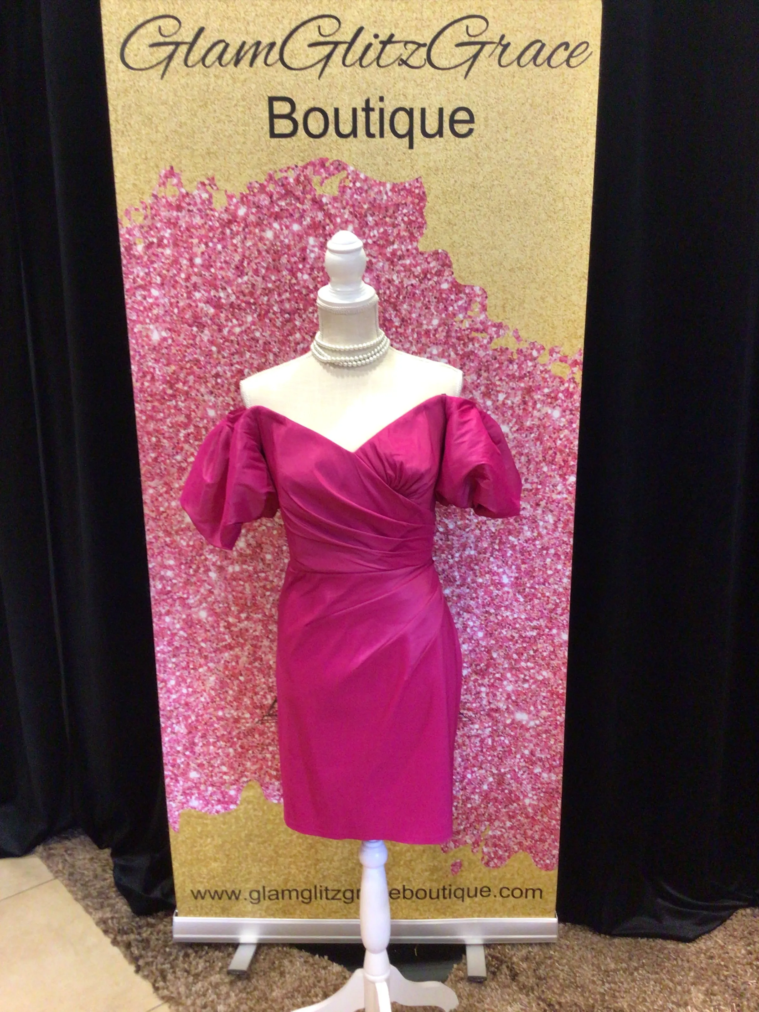 Raspberry Pink Off The Shoulder Puffy Sleeves V Neck Dress