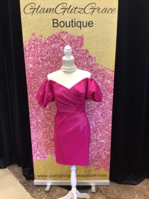 Raspberry Pink Off The Shoulder Puffy Sleeves V Neck Dress