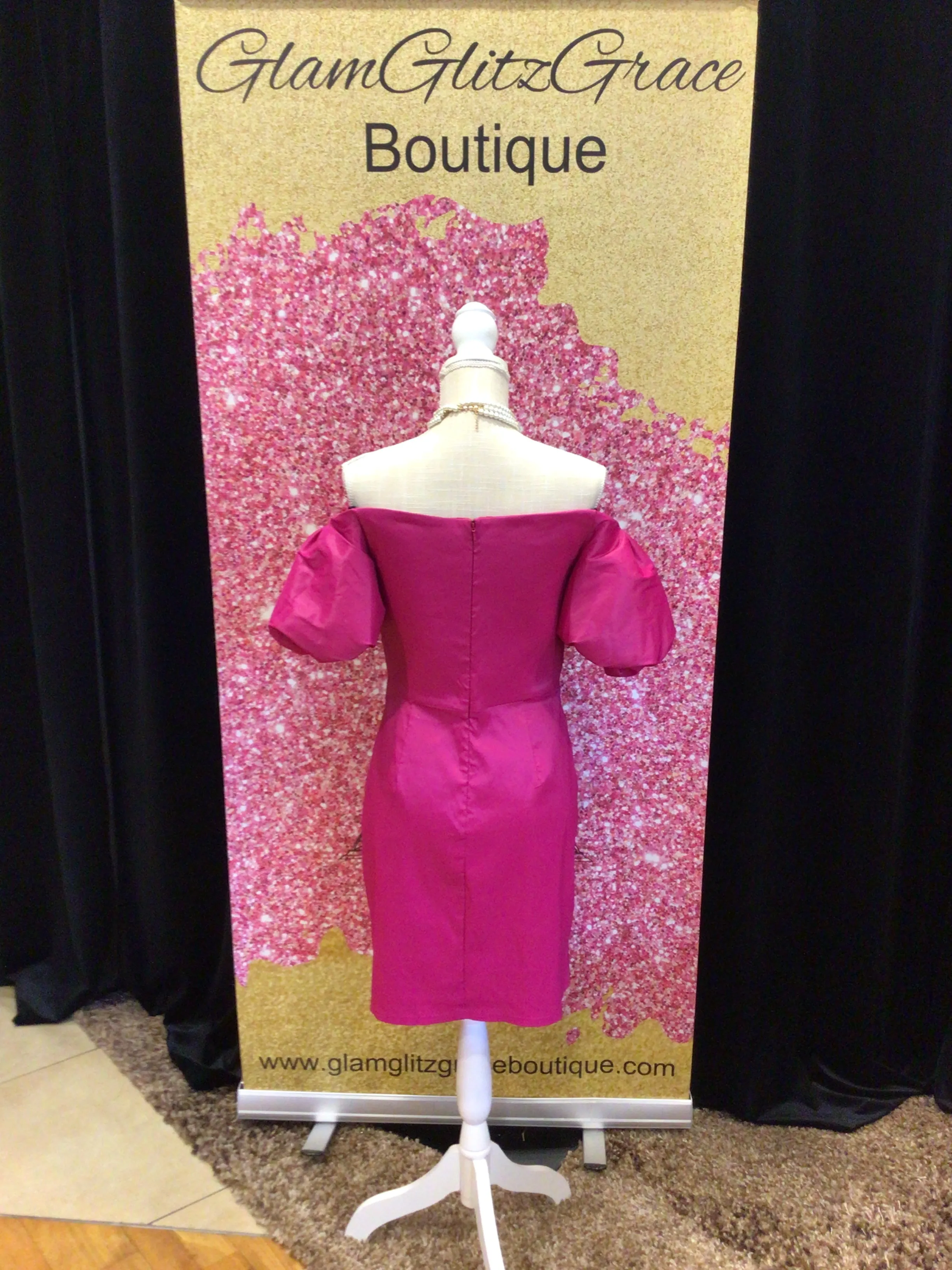Raspberry Pink Off The Shoulder Puffy Sleeves V Neck Dress