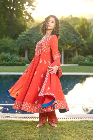 Red Georgette Kali Kurta With Gota Patti Hand Embroidery