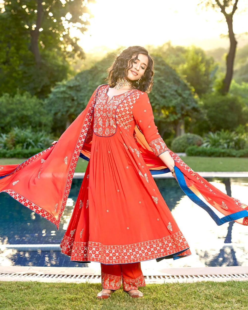 Red Georgette Kali Kurta With Gota Patti Hand Embroidery