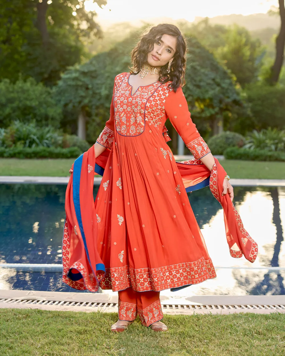Red Georgette Kali Kurta With Gota Patti Hand Embroidery