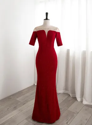 Red Mermaid Round Neckline Short Sleeves Party Dress, Red Evening Gown