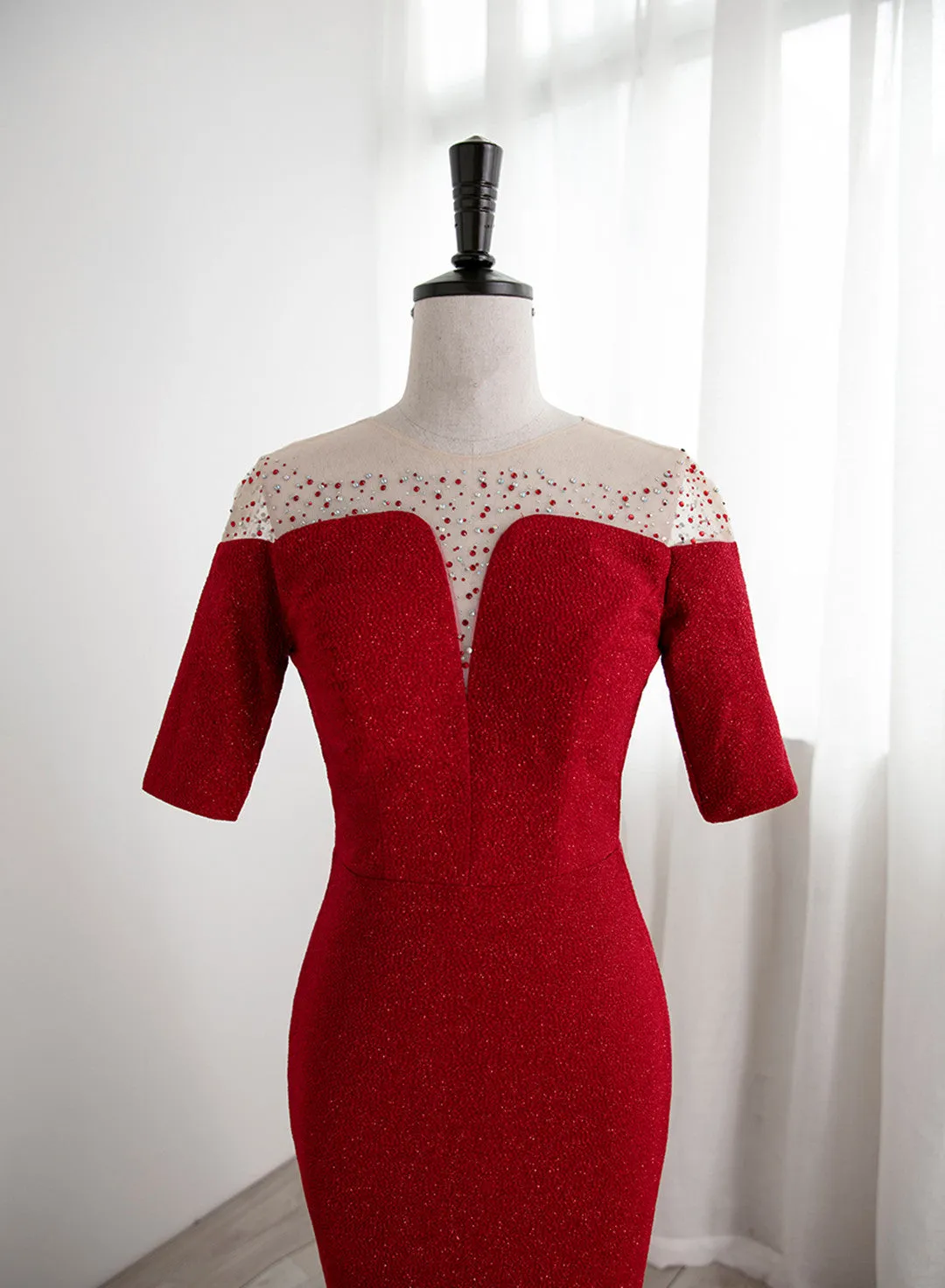 Red Mermaid Round Neckline Short Sleeves Party Dress, Red Evening Gown