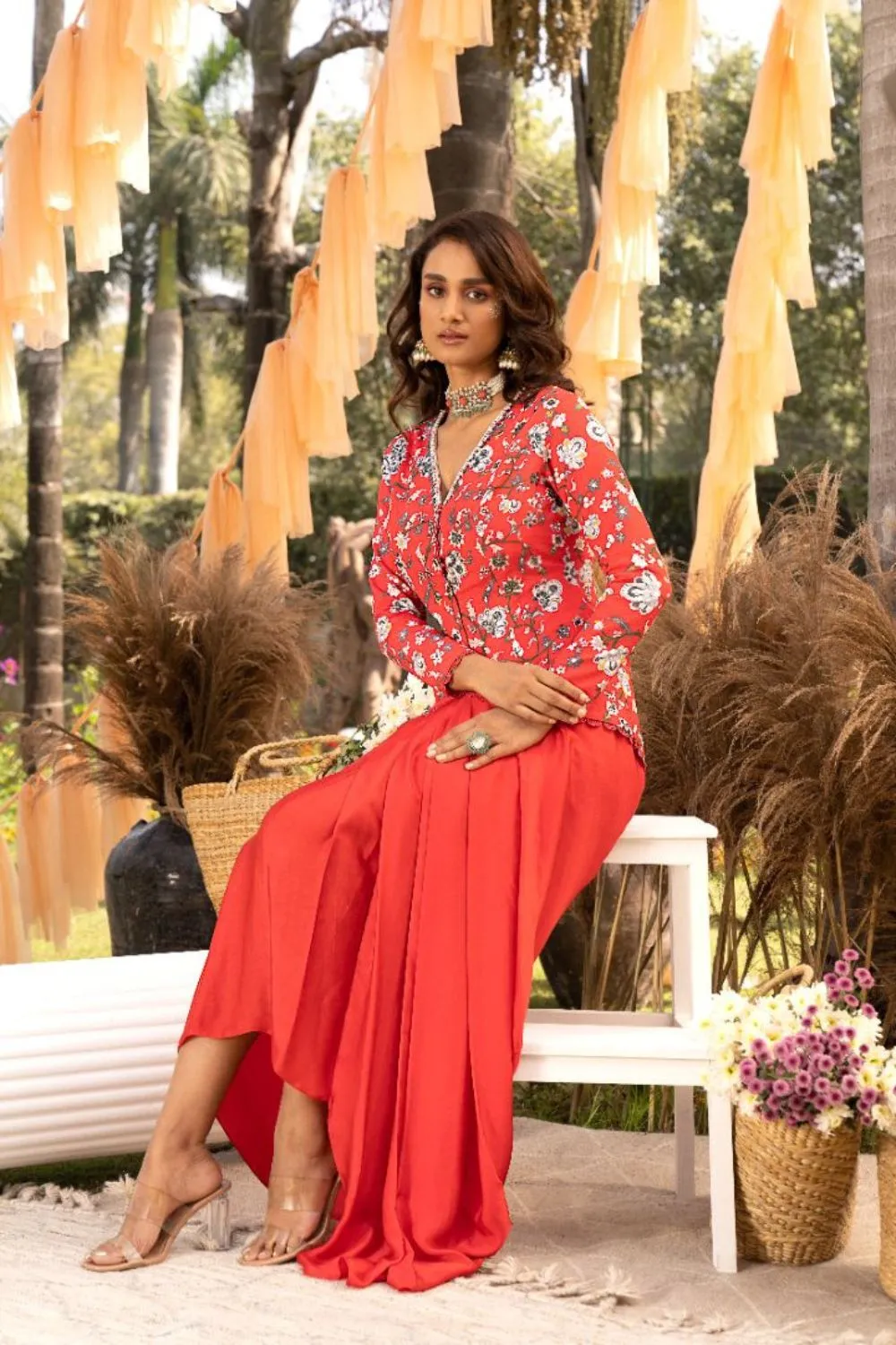 Red Printed Jacket Set