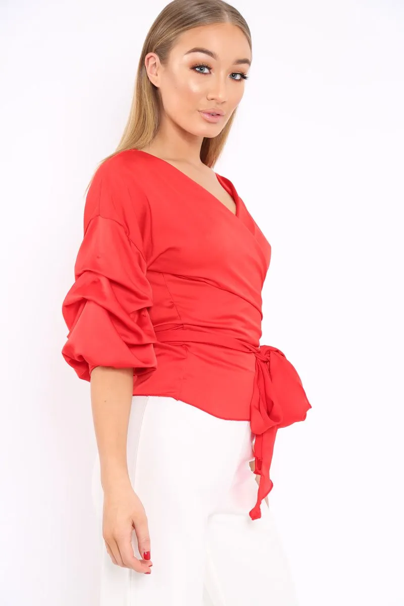 Red Satin Ruffle Sleeve Wrapover Top - Susie