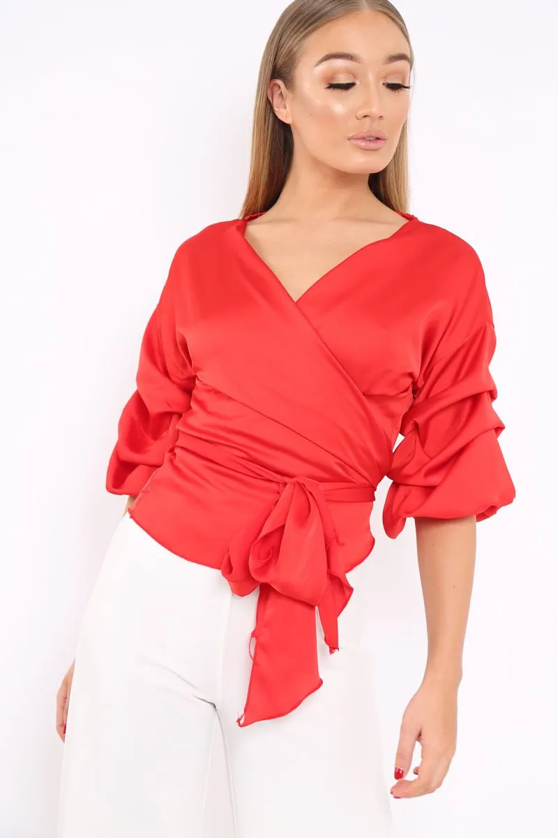 Red Satin Ruffle Sleeve Wrapover Top - Susie