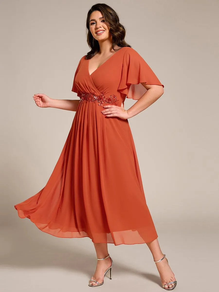 Robe d'invité de mariage mi-longue en mousseline de soie à col en V de grande taille avec applique à la taille