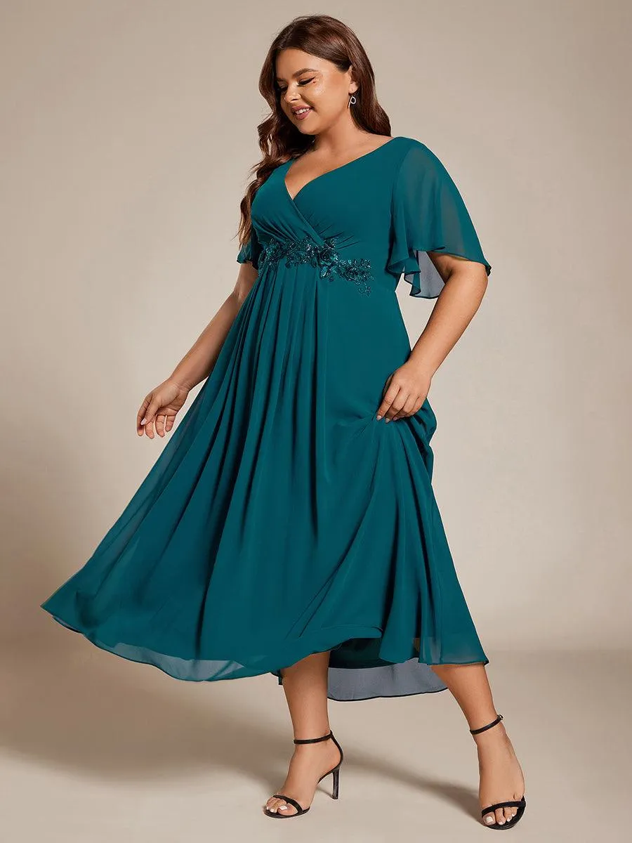 Robe d'invité de mariage mi-longue en mousseline de soie à col en V de grande taille avec applique à la taille
